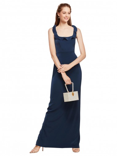Wholesale Scoop Neck with Ruffles Long Crepe Prom Dress with Back Slit UK