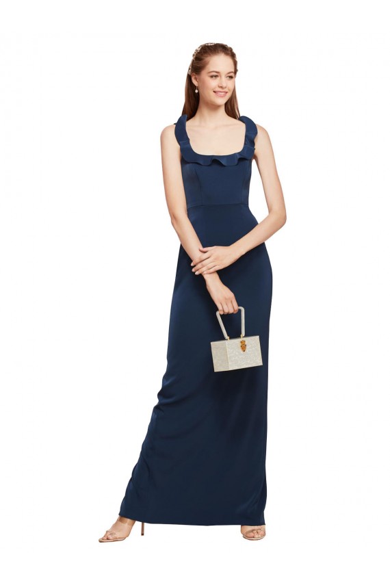 Wholesale Scoop Neck with Ruffles Long Crepe Prom Dress with Back Slit UK