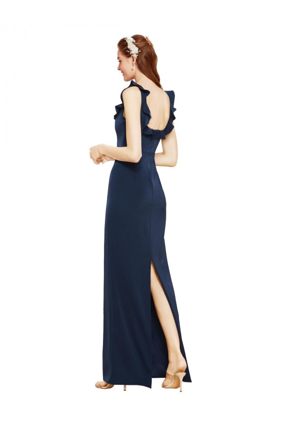 Wholesale Scoop Neck with Ruffles Long Crepe Prom Dress with Back Slit UK