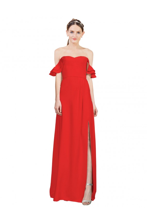 Wholesale Double Ruffle Flounce Sleeves Crepe Prom Dress with Slit UK