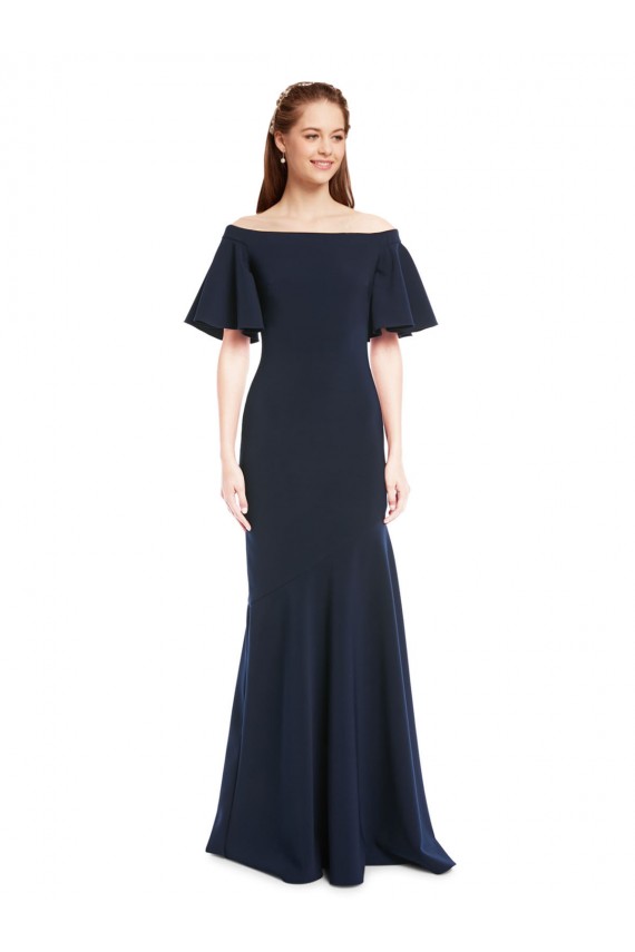 Wholesale Off the Shoulder Crepe Prom Dress with Short Ruffle Sleeves. UK