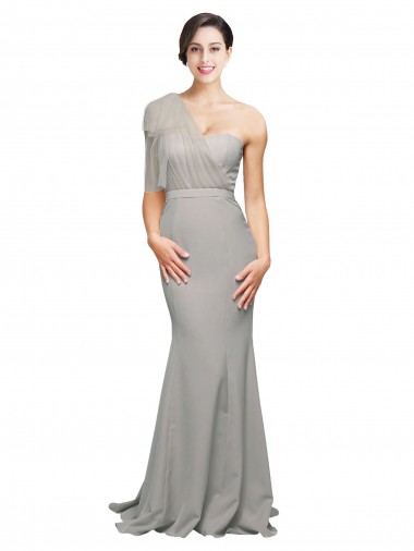 Wholesale Long Sweep Train Sweetheart Crepe Prom Dress with Tulle One Shoulder UK