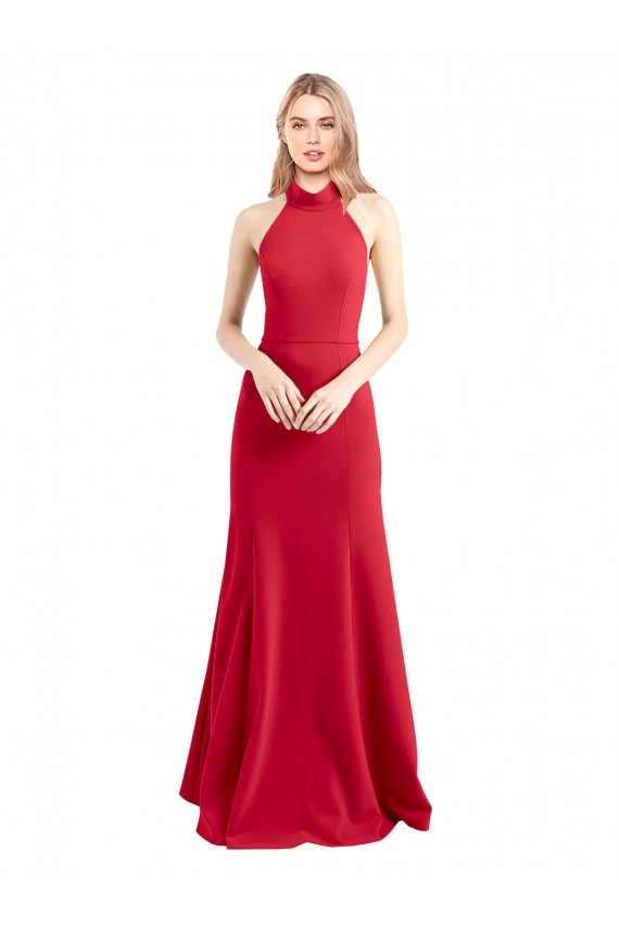 Wholesale Sleek Fit and Flare High Neck Halter Stretch Crepe Prom Dress with Open Back UK