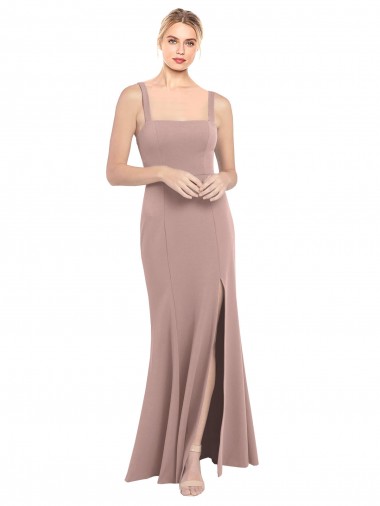 Wholesale Square Neck Fit and Flare Long Stretch Crepe Prom Dress with Side Slit UK