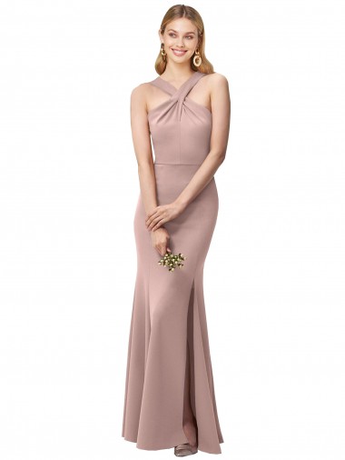 Wholesale Long Floor Length High Neck Fit and Flare Stretch Crepe Prom Dress with Side Slit UK