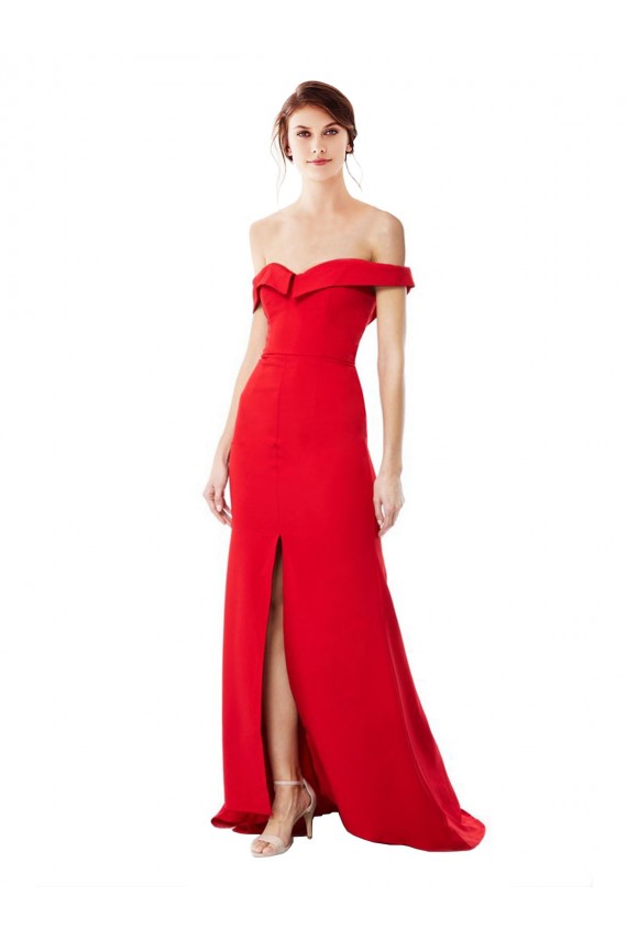 Wholesale Off the Shoulder Chapel Train Crepe Prom Dress with Thigh-High slit UK