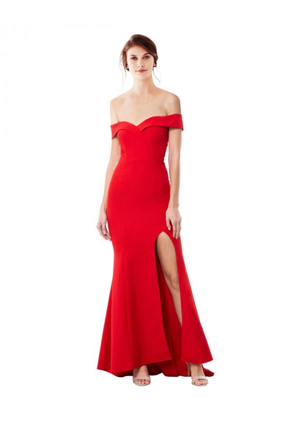 Wholesale Off the Shoulder Sweetheart Maxi Crepe Prom Dress With Thigh Split and Train UK