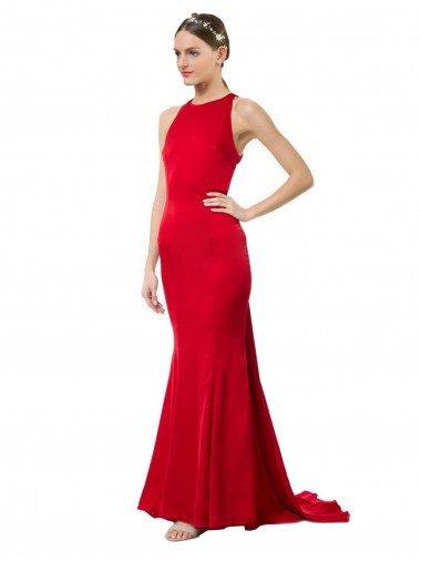 Wholesale High Neck Mermaid Open Back Crepe Maxi Prom Dress with Train Detail UK