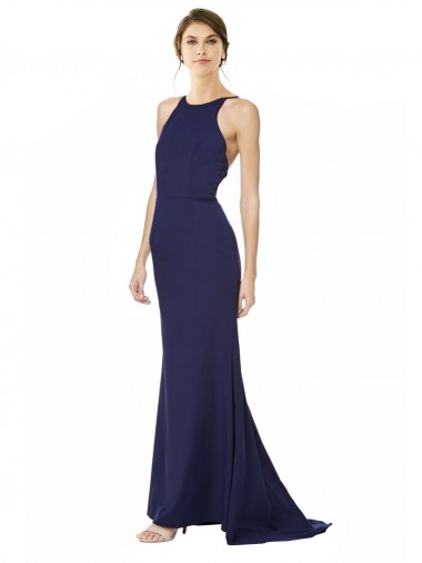 Wholesale Fishtail High Neck Maxi Crepe Bridesmiad Dress with Strappy Back Detail UK