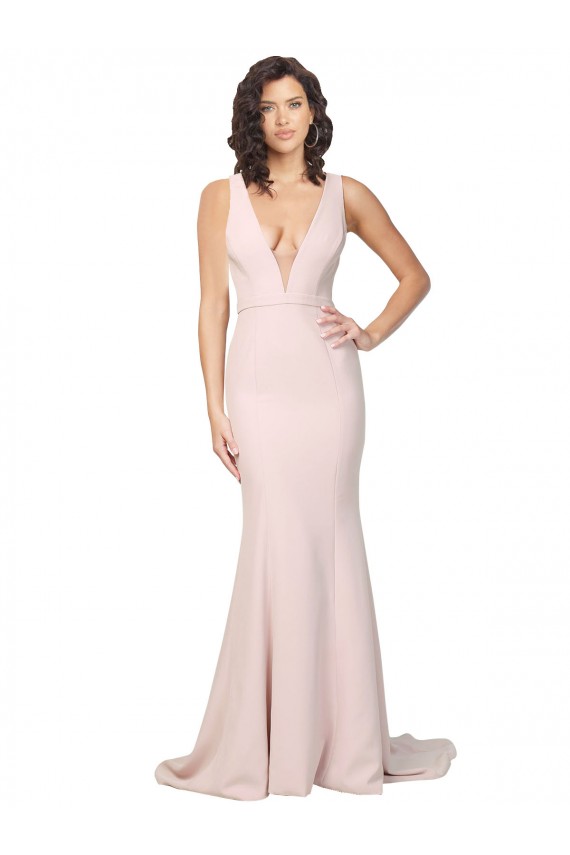 Wholesale Deep Plunging V-Neckline Full Length Crepe Prom Dress with Deep V-Backline UK
