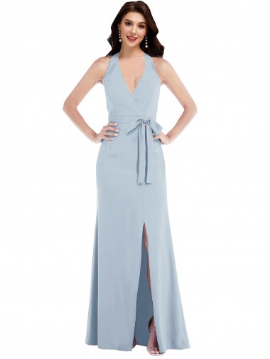 Wholesale Open Back Halter Maxi Crepe Prom Dress with Draped Bow UK