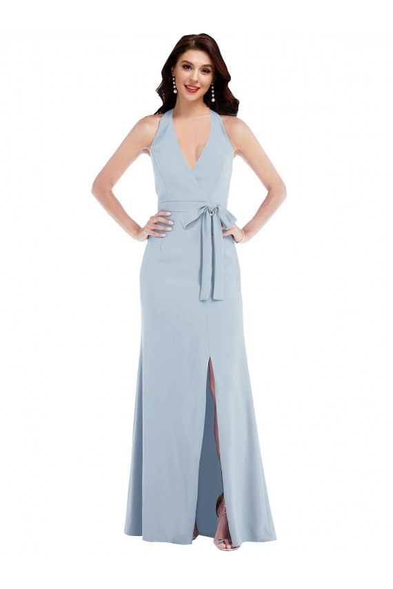 Wholesale Open Back Halter Maxi Crepe Prom Dress with Draped Bow UK