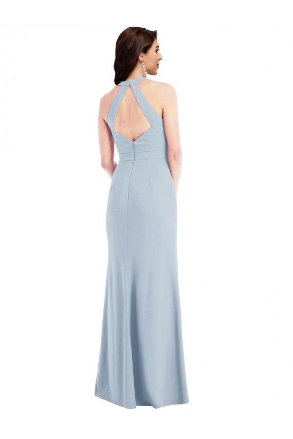 Wholesale Open Back Halter Maxi Crepe Prom Dress with Draped Bow UK