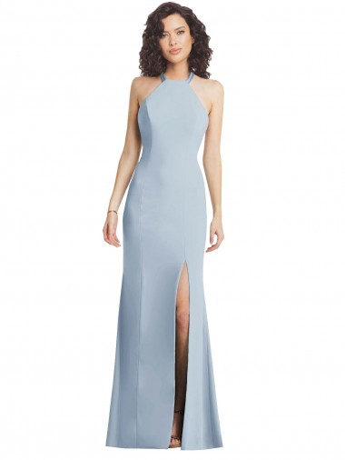 Wholesale High Neck Halter Crepe Prom Dress with Twist Criss Cross Back UK