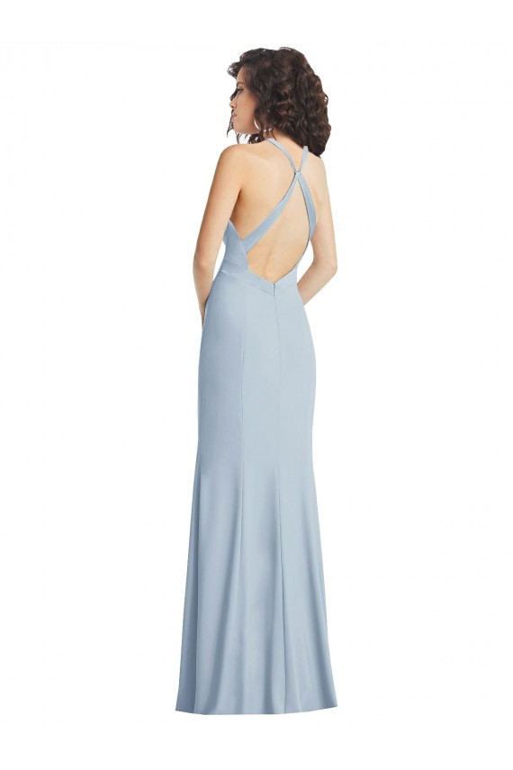 Wholesale High Neck Halter Crepe Prom Dress with Twist Criss Cross Back UK