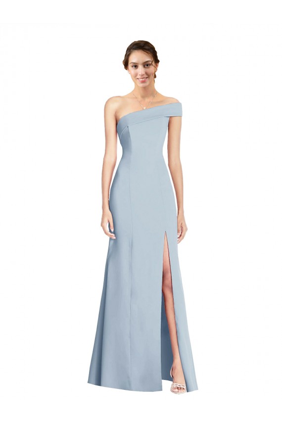 Wholesale Asymmetrical Off the Shoulder Cuff Trumpet Crepe Prom Dress With Front Slit UK