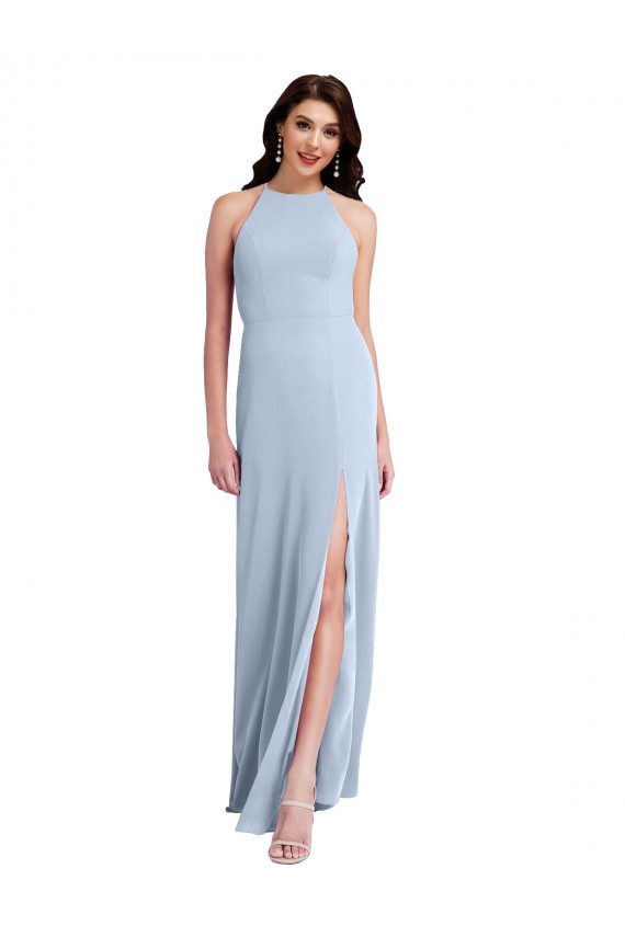 Wholesale Fit and Flare High Neck Crepe Prom Dress with Side Slit UK
