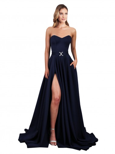 Wholesale Sweetheart Neckline Low Back Long Crepe Prom Dress with High Leg Spit & Pockets UK