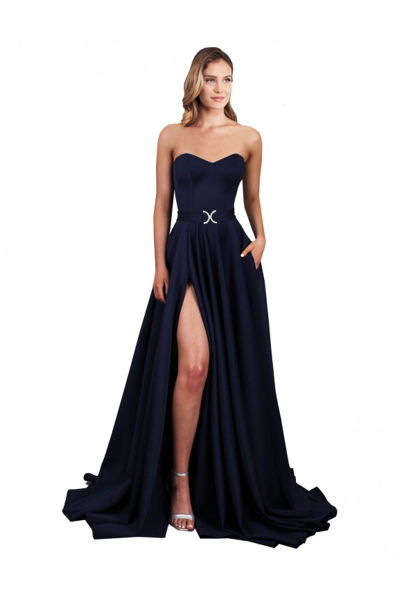 Wholesale Sweetheart Neckline Low Back Long Crepe Prom Dress with High Leg Spit & Pockets UK