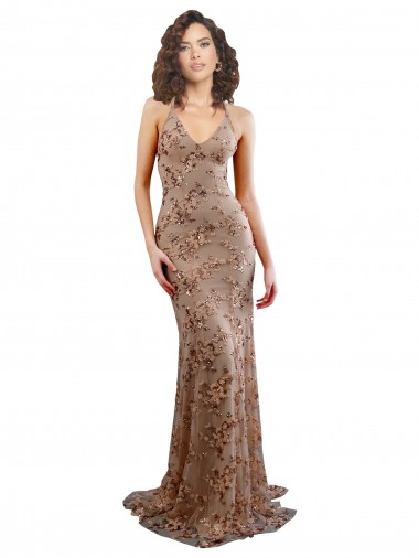 Wholesale Floral Patterned Backless V-Neckline Sequin Prom Dress UK