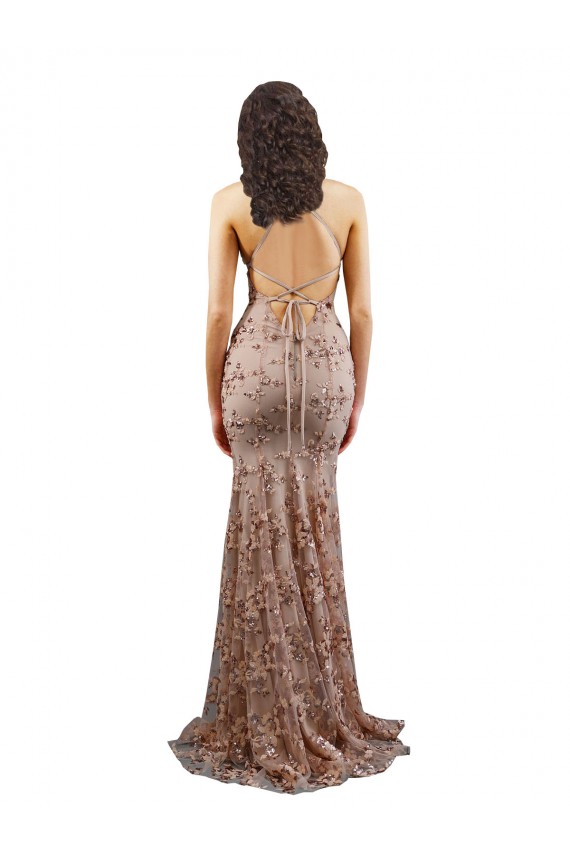 Wholesale Floral Patterned Backless V-Neckline Sequin Prom Dress UK