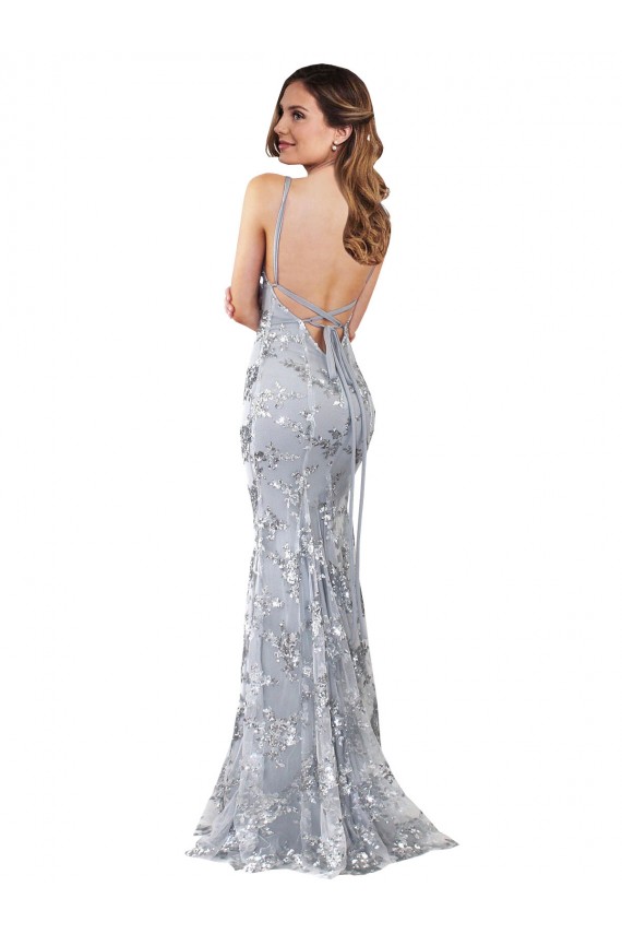 Wholesale Silver V-Neckline Backless Floral Patterned Sequin Prom Dress UK