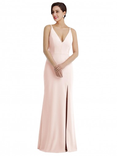Wholesale Skinny Strap Deep V-Neck Trumpet Crepe Prom Dress with Front Slit UK