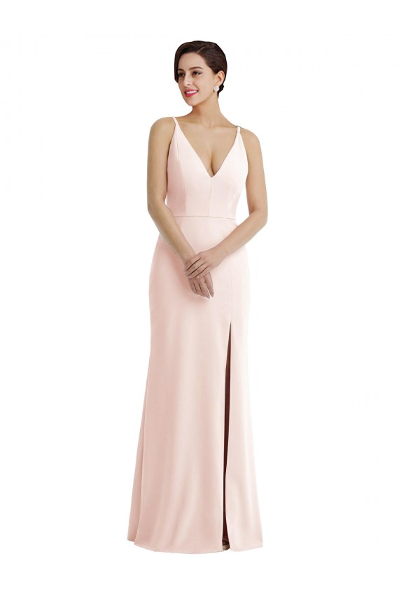Wholesale Skinny Strap Deep V-Neck Trumpet Crepe Prom Dress with Front Slit UK
