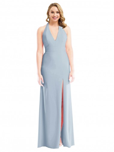 Wholesale Plunge Neck Halter Backless Trumpet Prom Dress with Front Slit UK