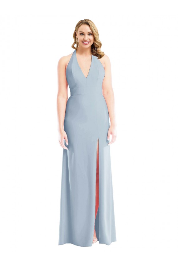 Wholesale Plunge Neck Halter Backless Trumpet Prom Dress with Front Slit UK