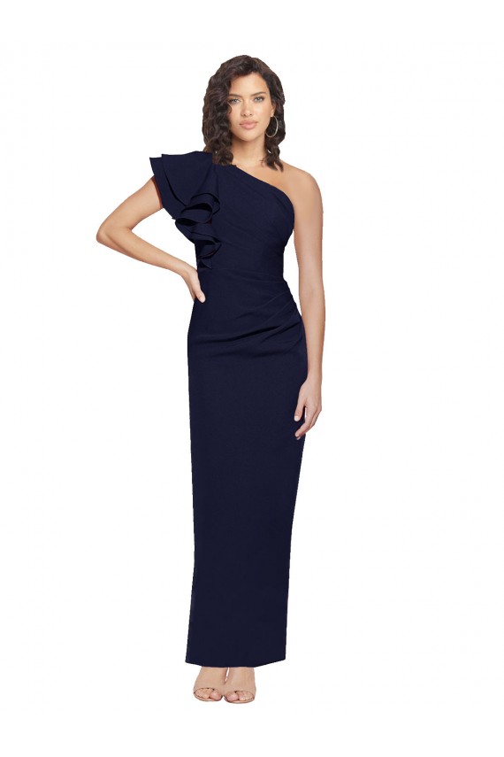 Wholesale Ruched Floor Length Long Crepe Prom Dress with Shoulder Ruffles UK