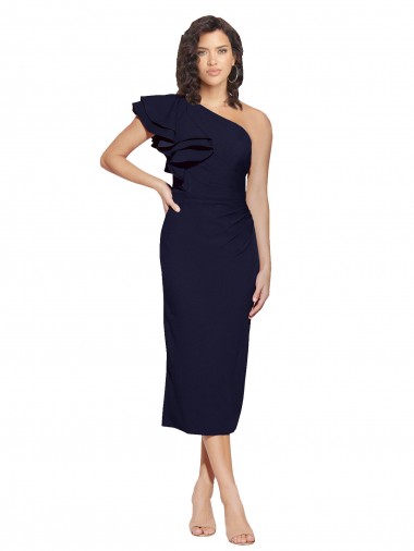 Wholesale Ruched Midi Length Short Crepe Cocktail Prom Dress / Homecoming Dress with Shoulder Ruffles UK