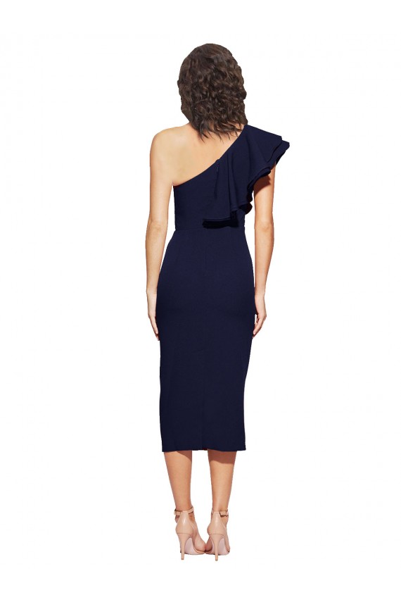 Wholesale Ruched Midi Length Short Crepe Cocktail Prom Dress / Homecoming Dress with Shoulder Ruffles UK