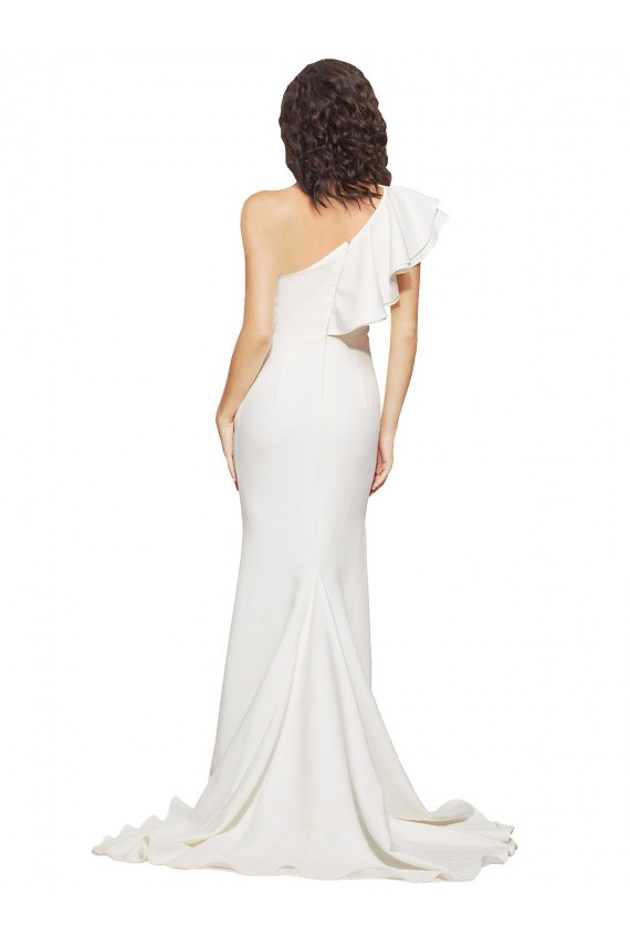 Wholesale Ruched Long Sweep Train Crepe Prom Dress with Shoulder Ruffles UK