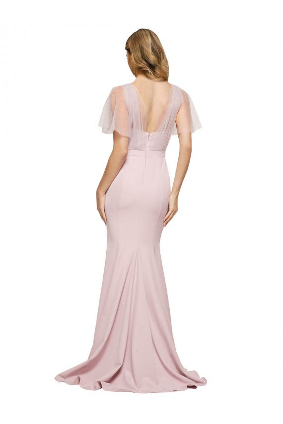 Wholesale Crepe Long Sweetheart Neckline Prom Dress with Tulle Overlay Shoulders UK