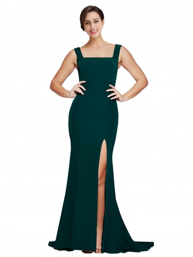 Wholesale Fitted Square Neck Long Crepe Prom Dress with Train and Side Split UK