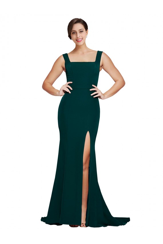 Wholesale Fitted Square Neck Long Crepe Prom Dress with Train and Side Split UK