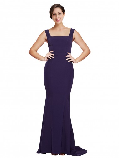 Wholesale Square Neck Long Sweep Train Crepe Prom Dress with Thick Straps UK