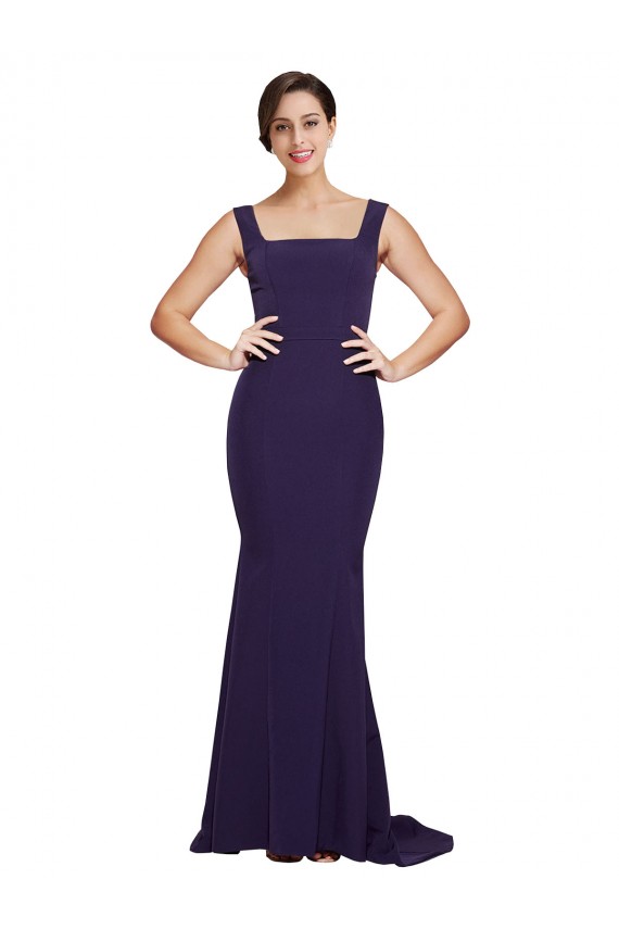 Wholesale Square Neck Long Sweep Train Crepe Prom Dress with Thick Straps UK