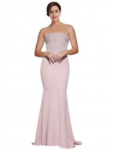 Wholesale Straight Neck Long Strapless Crepe Prom Dress with Soft Tulle Overlay and Small Train UK