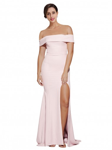 Wholesale Off Shoulder Long Crepe Prom Dress with Straight Neckline and Side Split UK