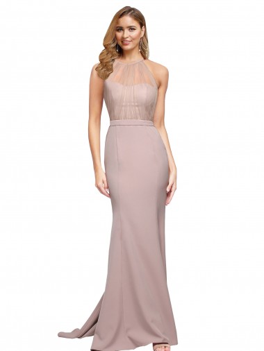 Wholesale Long Sweetheart Crepe Prom Dress with High Neck Illusion Tulle Details UK