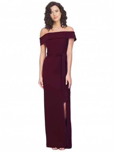 Wholesale Fitted Full Length Off the Shoulder Crepe Prom Dress with Side Split and Waist Tie UK