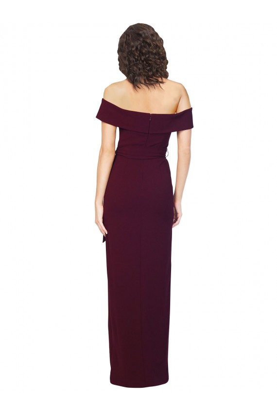 Wholesale Fitted Full Length Off the Shoulder Crepe Prom Dress with Side Split and Waist Tie UK