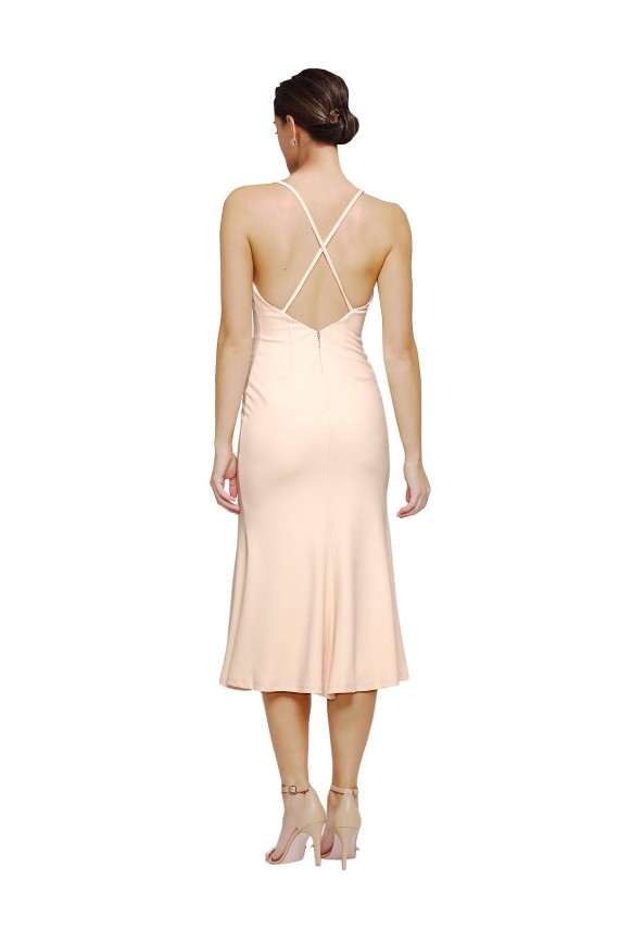 Wholesale Midi Length V-Neckline Crepe Cocktail Prom Dress / Homecoming Dress with Thin Straps and Fulted Skirt UK
