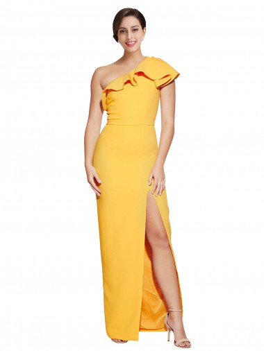 Wholesale One Shoulder Floor Length Crepe Prom Dress with Thigh High Split UK