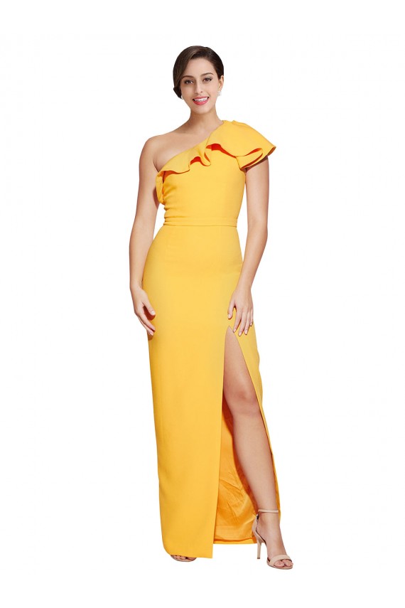 Wholesale One Shoulder Floor Length Crepe Prom Dress with Thigh High Split UK