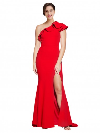 Wholesale One Shoulder Long Sweep Train Crepe Prom Dress with Thigh High Split UK