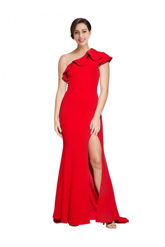 Wholesale One Shoulder Long Sweep Train Crepe Prom Dress with Thigh High Split UK