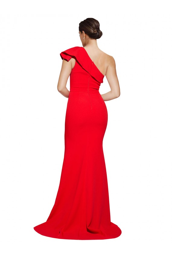 Wholesale One Shoulder Long Sweep Train Crepe Prom Dress with Thigh High Split UK